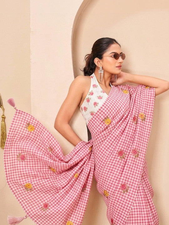 Silk Floral Checked Woven Design Border Saree