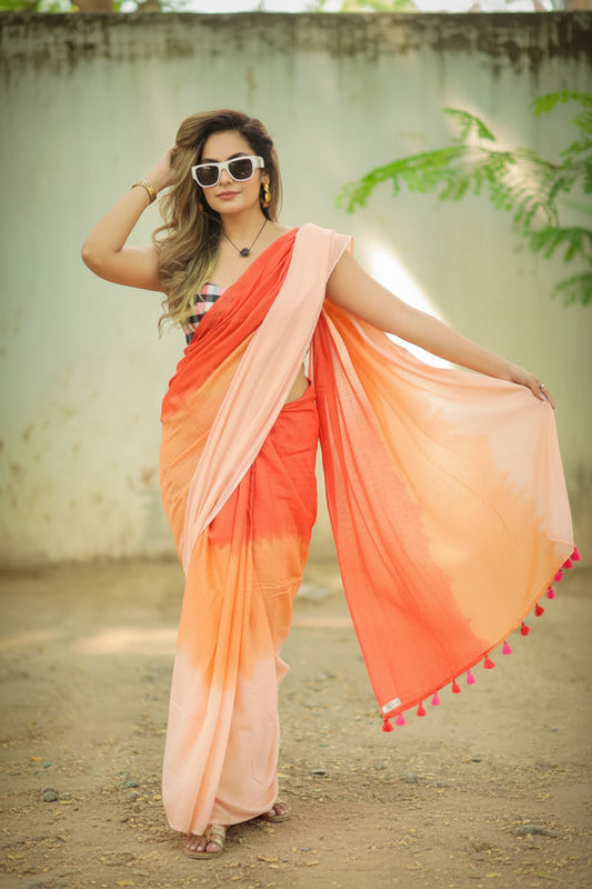 Peach Sunset Tie-Dye Mul Mul Cotton Saree