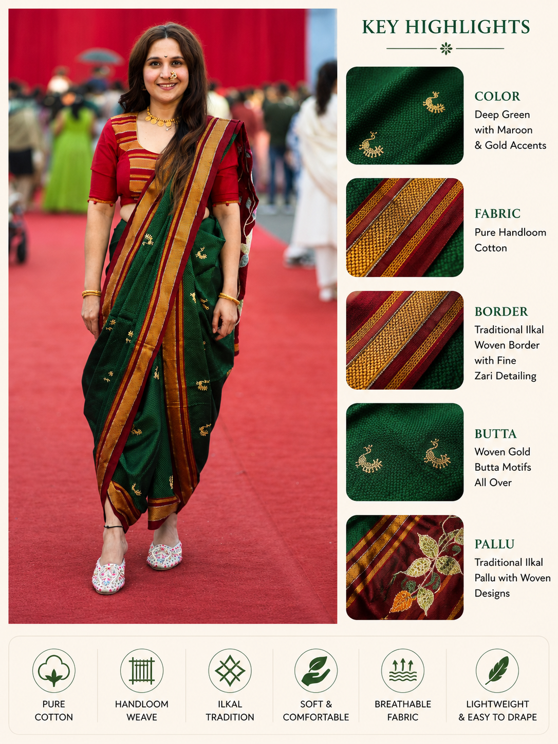 Handloom Cotton Ilkal Saree Emerald Green with Maroon Border