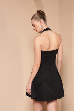 Black Crepe Halter Neck Pleated Dress