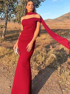 Red Flat Jersey Scarf Maxi Dress