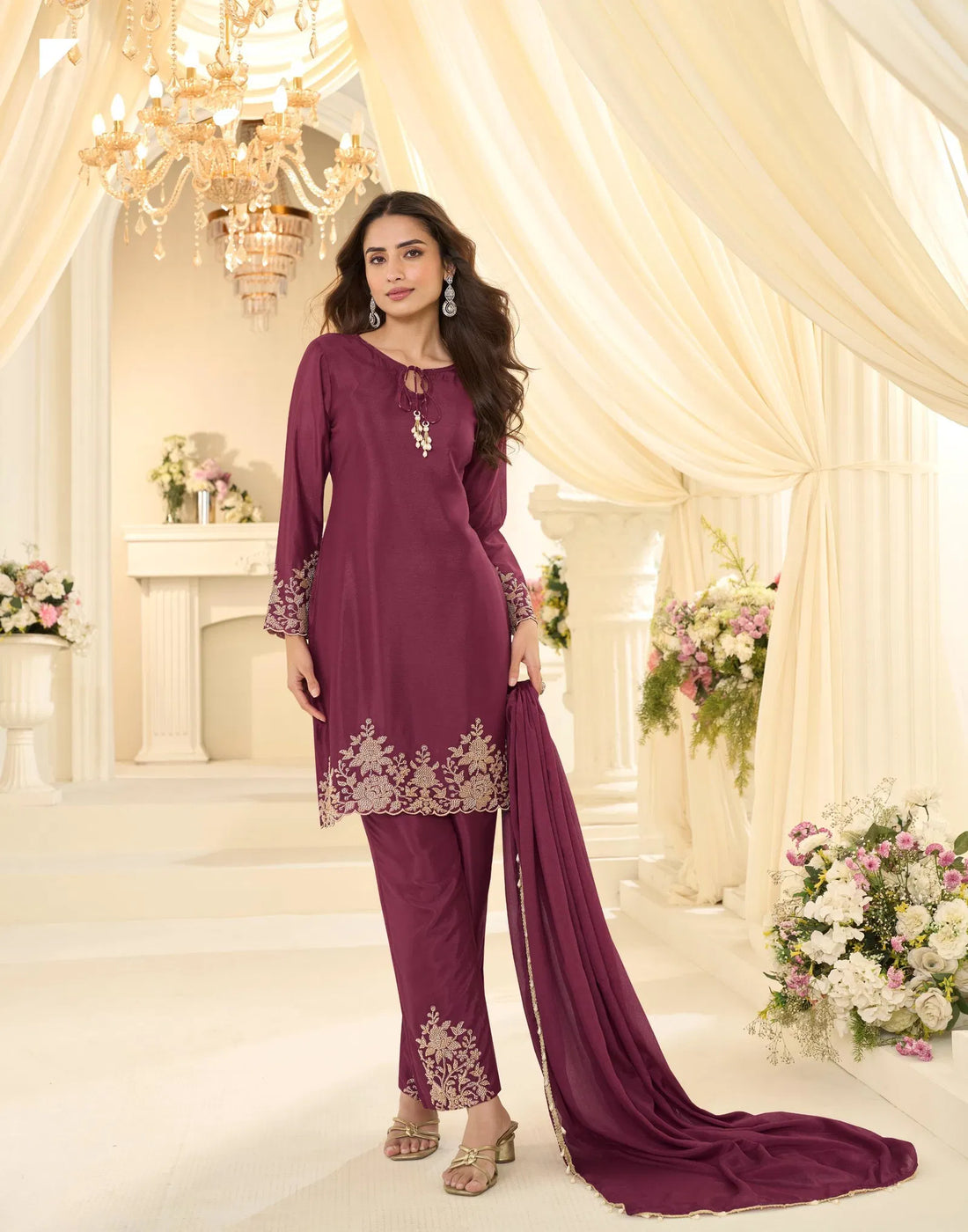 Latest Trendy Pakistani Style Rose Gold Beads Work Embroidered Top With Beads Embroidered Pant And Dupatta