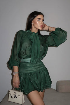 Champagne Glow Satin Tie-Neck Ruffle Mini Dress for Women