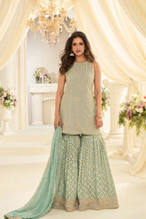 Pastel Mint Green Embroidered Top Bottom Set with Dupatta