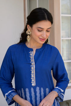 Royal Blue Bandhani Print Muslin Kurta Set