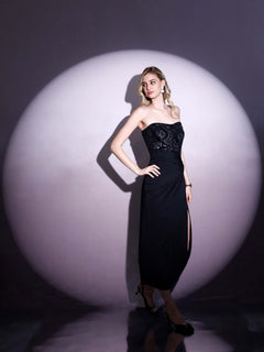 Midnight Noir Embellished Strapless Midi Dress for Women