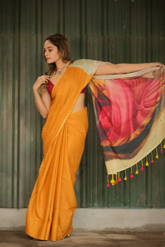 Rajsi Raaz Mustard Muse Mul Mul Printed Saree