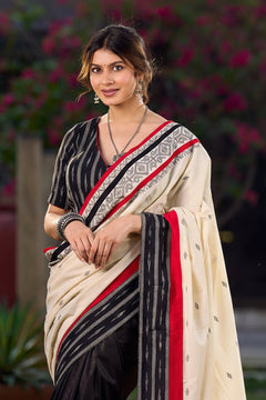 Black Saree with Ikat & Jamdani Accents with Stiched Blouse