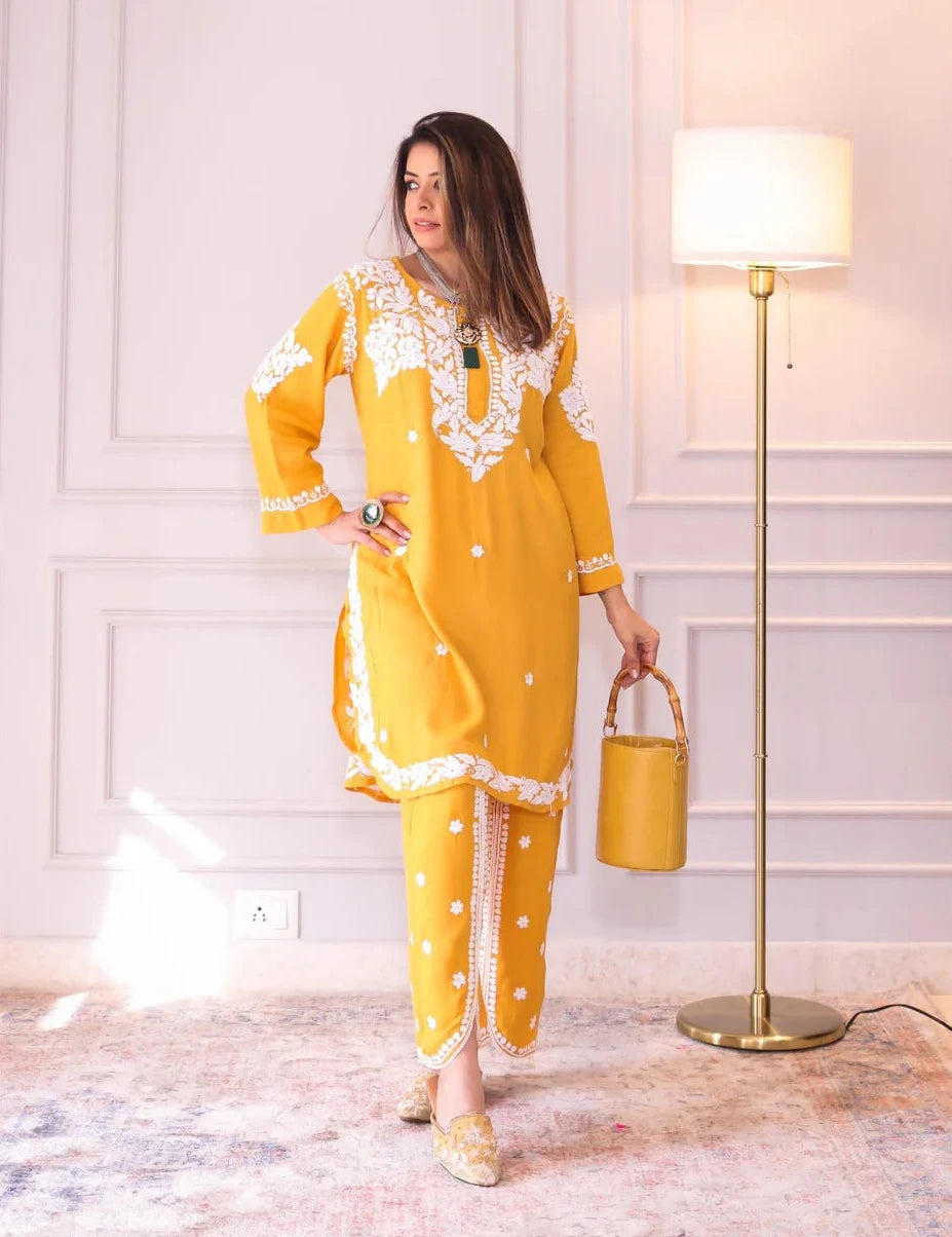 Mustard Modal Cotton Chikankari Tulip Set