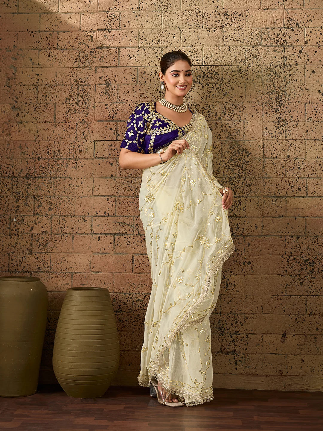 Chiffon Kaccha Gotapatti Work Party Wear Saree with Stitched Angi Blouse