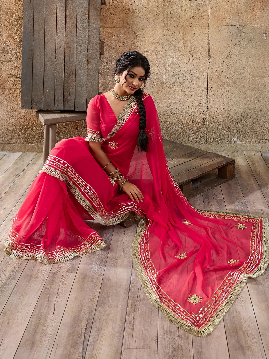Pure Georgette Kaccha Gotapatti Work Traditional Saree