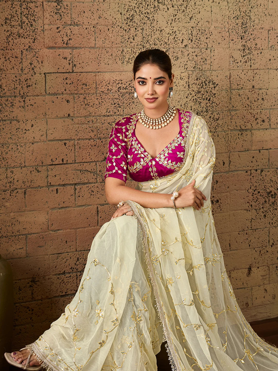 Chiffon Kaccha Gotapatti Work Party Wear Saree with Stitched Angi Blouse