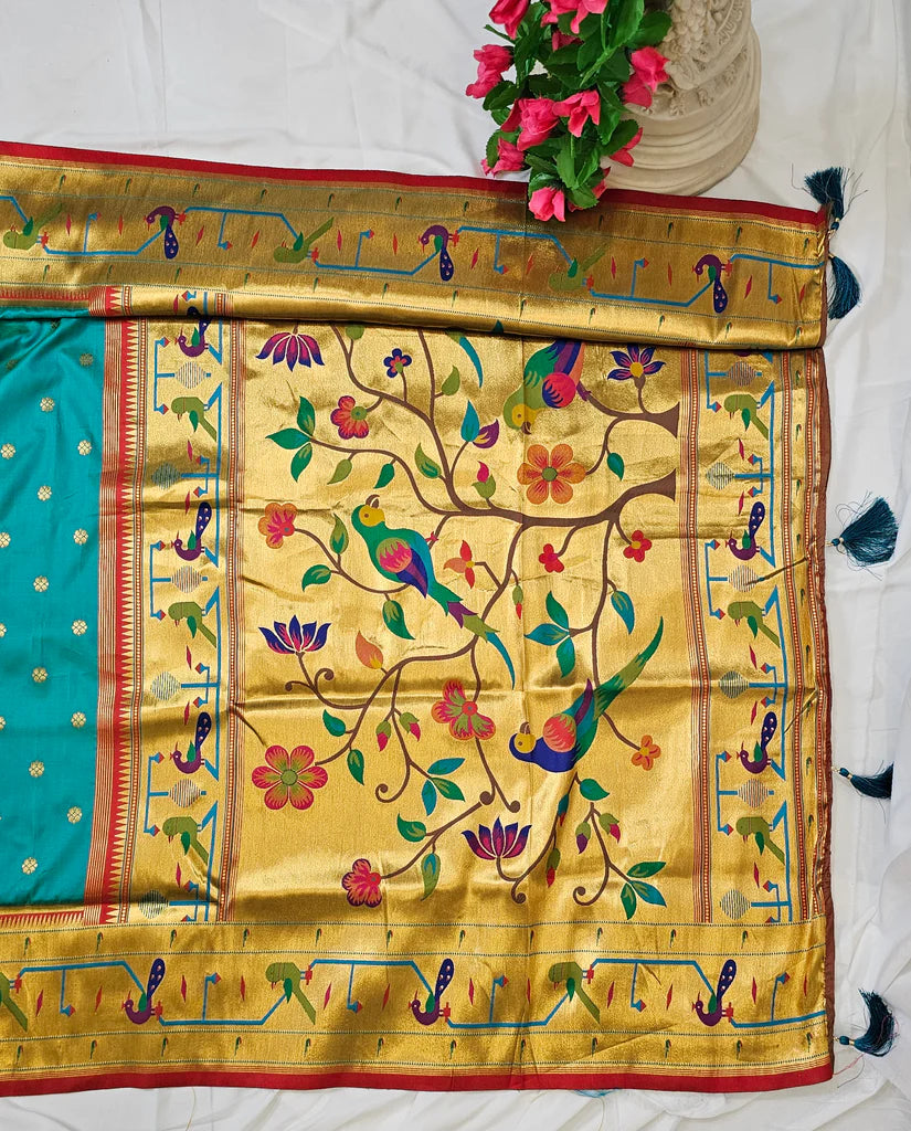 Surmayi Orange Soft Silk Paithani Saree with Lotus & Peacock Copper Zari Pallu