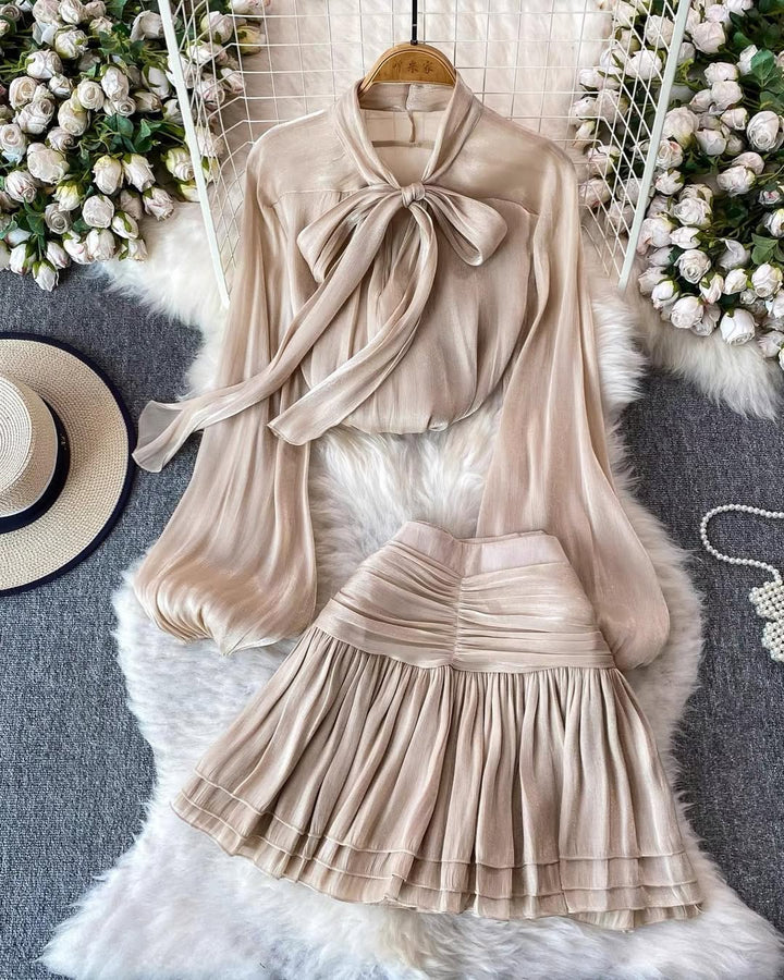 Champagne Glow Satin Tie-Neck Ruffle Mini Dress for Women