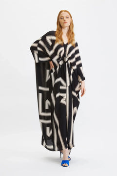Black Geometric Belted Kaftan Dress