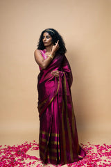 Handwoven Tissue Dark Pink Saree with Multicoloured Striped Border