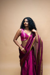 Handwoven Tissue Dark Pink Saree with Multicoloured Striped Border