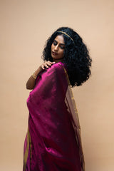 Handwoven Tissue Dark Pink Saree with Multicoloured Striped Border