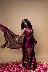 Handwoven Tissue Dark Pink Saree with Multicoloured Striped Border