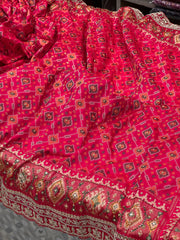 Pinkish Red Patola Hand Embroidery Saree