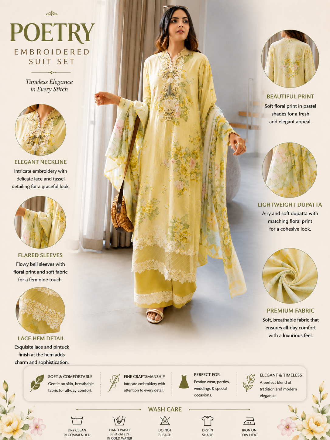 Women's Yellow Floral Print Crepe Kurta Set