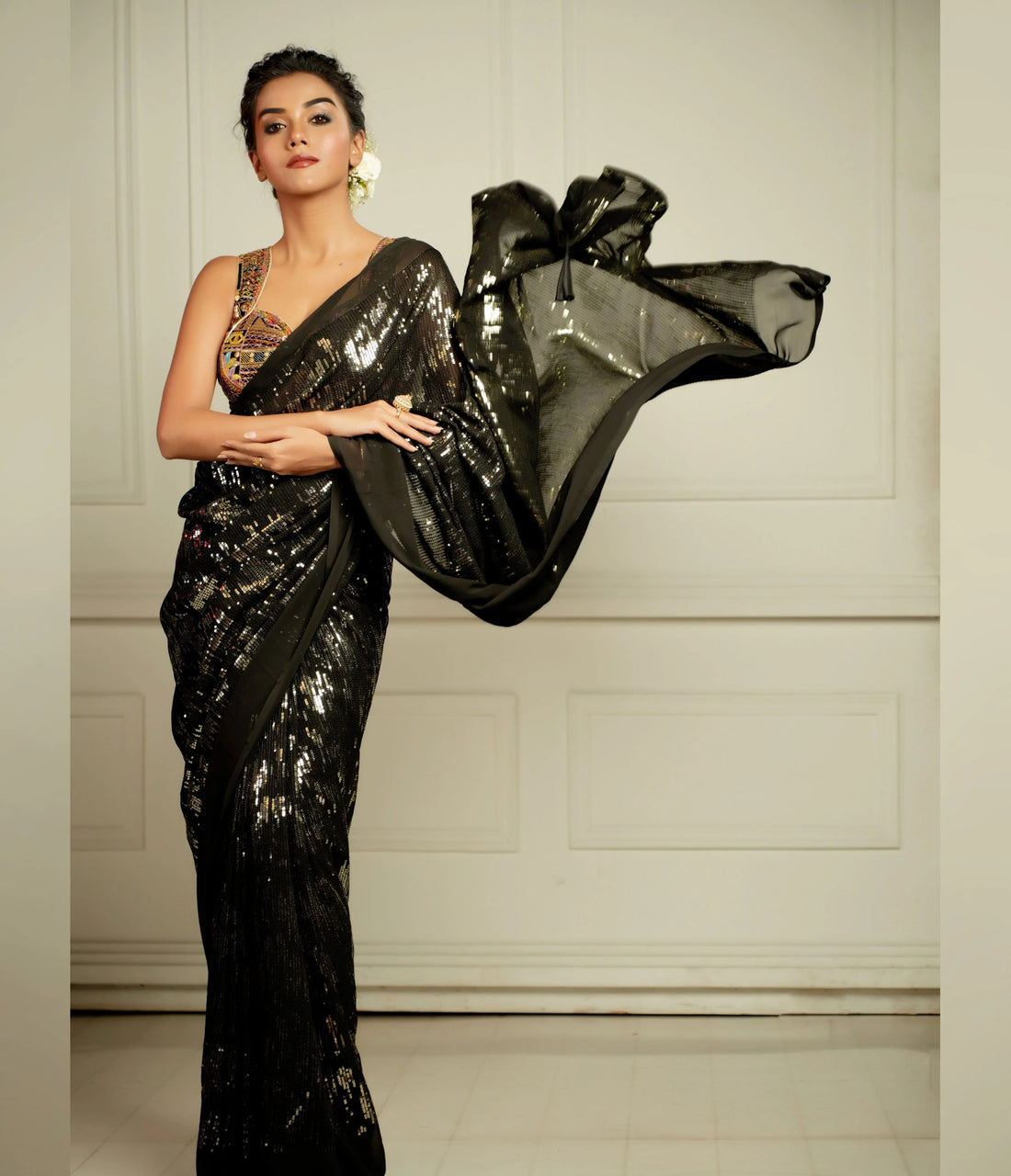 Sequins and thread work saree