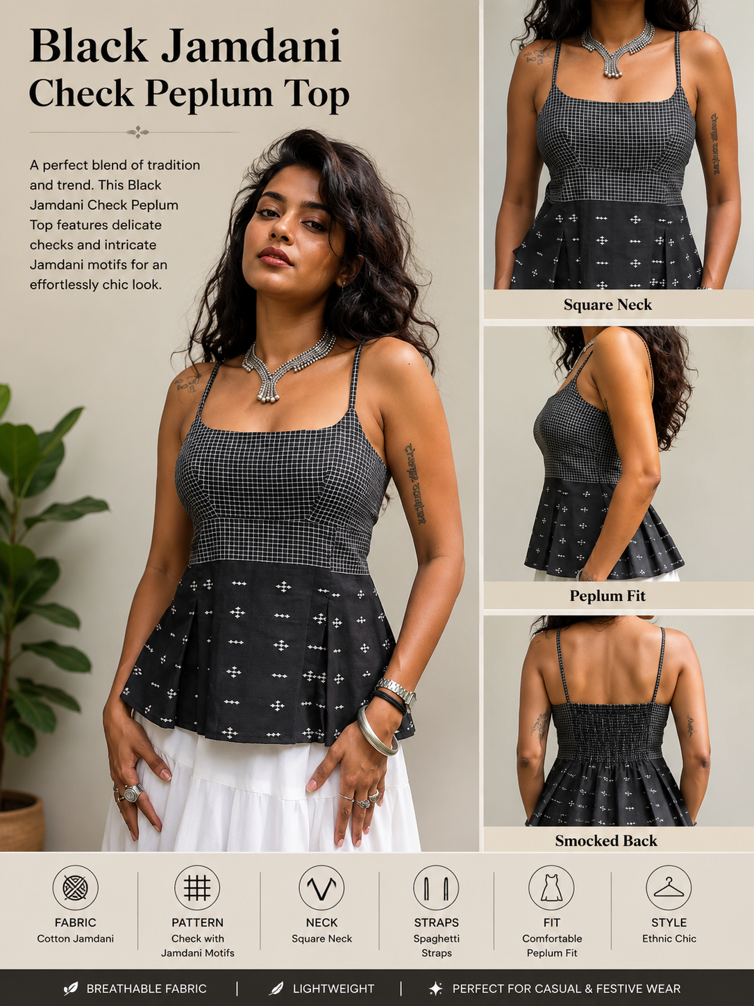 Black Jamdani Check Peplum Top