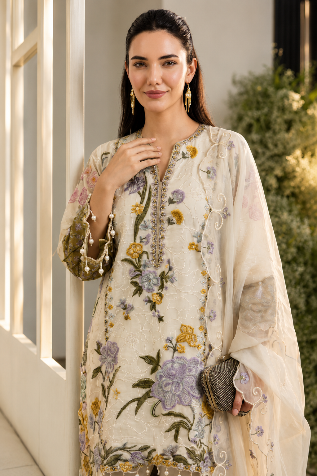 Women's Festive Ivory Embroidered Suit Set