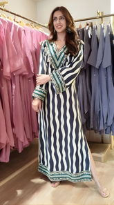 Black Muslin Wavy Stripe Kaftan Dress
