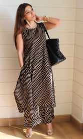 Cotton Black Wave Print High Neck High Low Sleeveless Coord