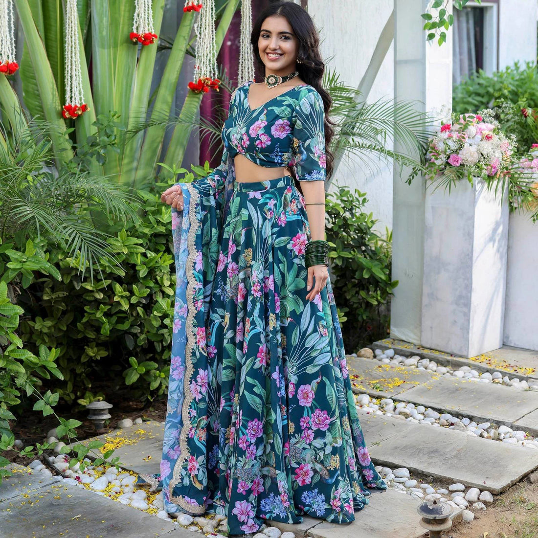 Faux Georgette Zari Lace Lehenga Set