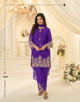 Latest Trendy Pakistani Style Rose Gold Beads Work Embroidered Top With Beads Embroidered Pant And Dupatta
