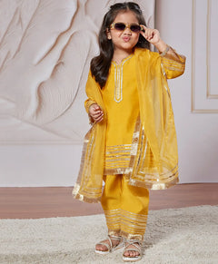 Yellow Silk Blend Lace Kurta Pant Set
