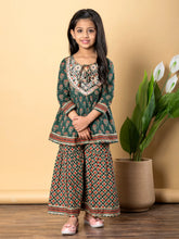 Pine Green Cotton Printed Kurta Sharara Set