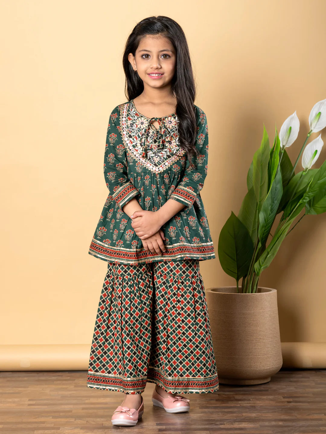 Pine Green Cotton Printed Kurta Sharara Set