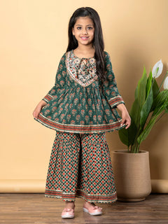 Pine Green Cotton Printed Kurta Sharara Set