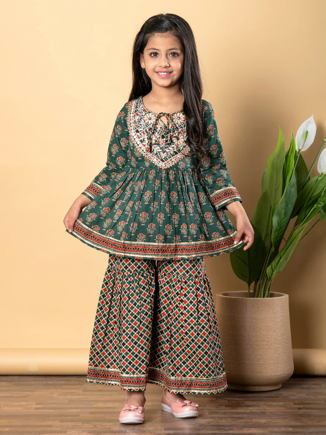 Pine Green Cotton Printed Kurta Sharara Set