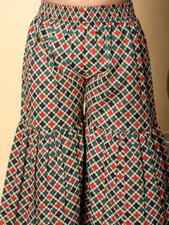 Pine Green Cotton Printed Kurta Sharara Set