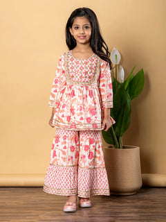 Apricot Cotton Printed Kurta Sharara Set