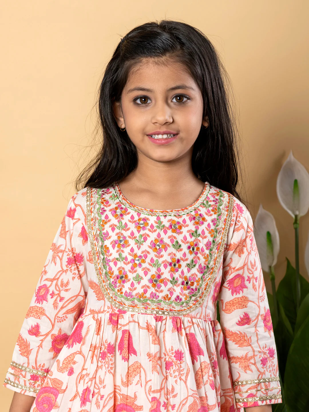 Apricot Cotton Printed Kurta Sharara Set