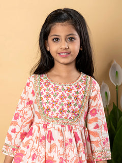Apricot Cotton Printed Kurta Sharara Set