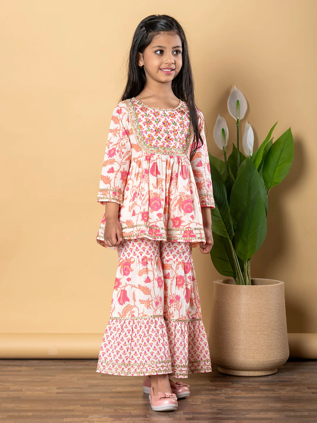 Apricot Cotton Printed Kurta Sharara Set