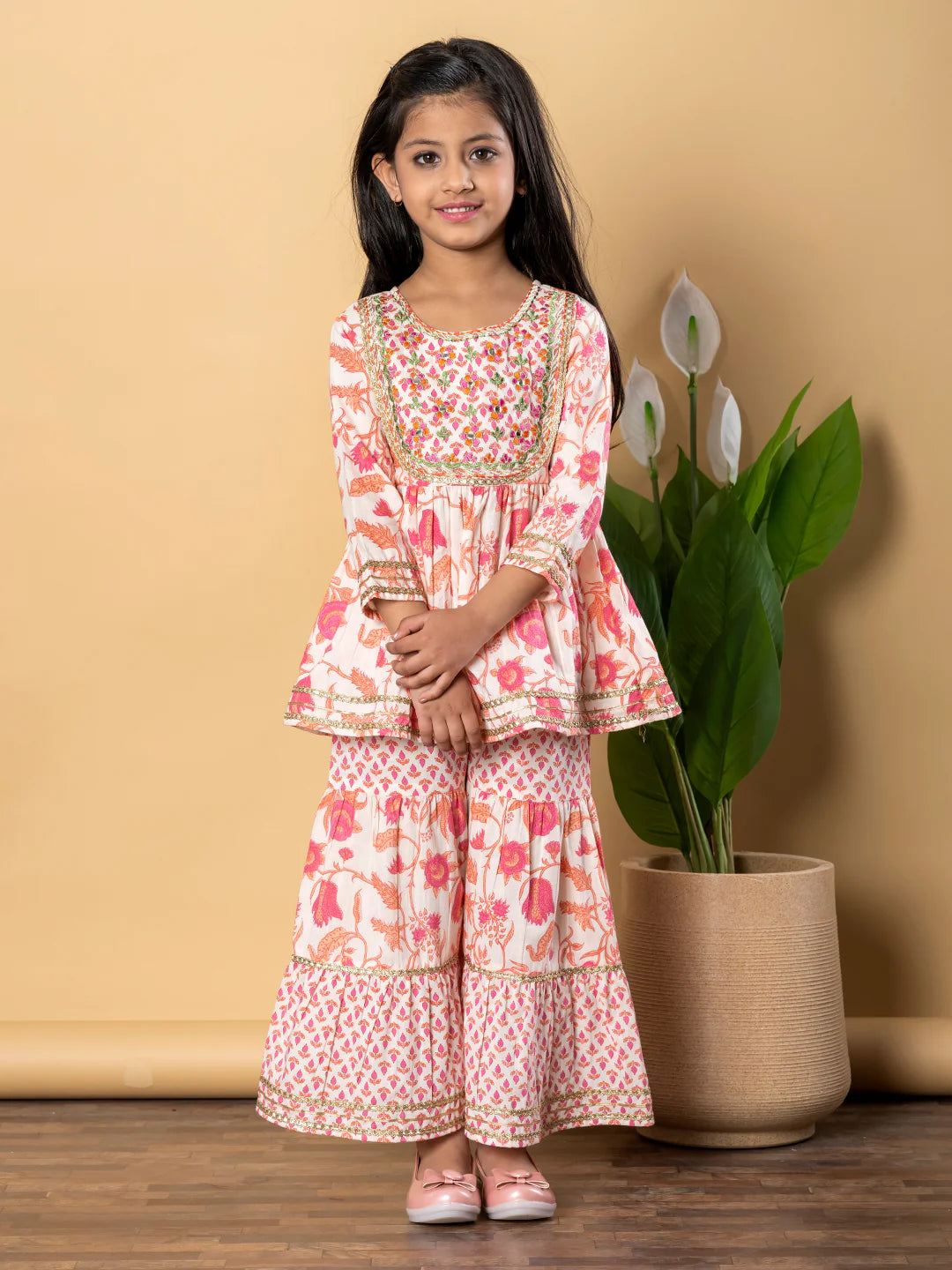 Apricot Cotton Printed Kurta Sharara Set