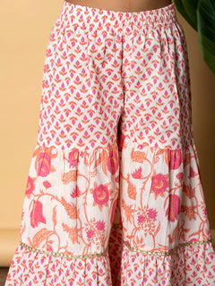 Apricot Cotton Printed Kurta Sharara Set