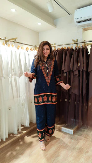Red Ethnic V-Neck Co-ord Set with Paisley Border Detailing