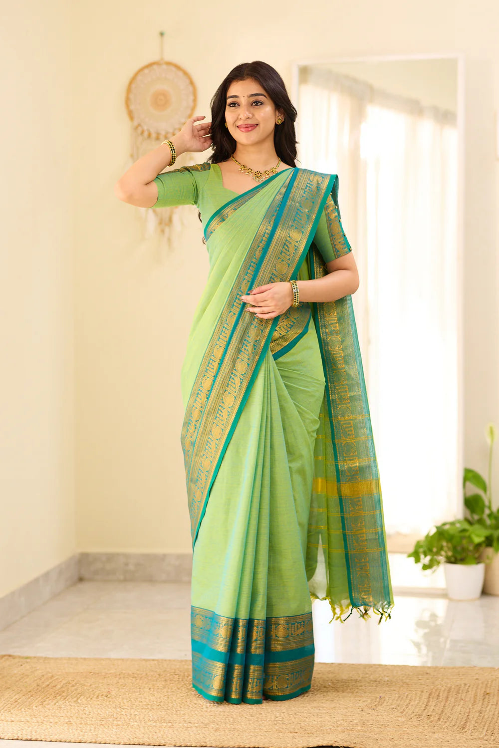 Mint Aura Chettinad Cotton Saree with Zari Border