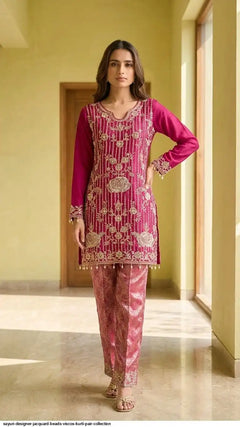 Meher Noor Designer Jacquard Kurti & Bottom Set