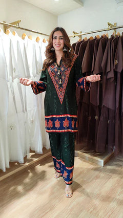 Red Ethnic V-Neck Co-ord Set with Paisley Border Detailing