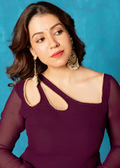 Petal Neck Plum Wine Georgette Anarkali with Dupatta