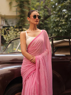 Sky Blue Gingham Mul Cotton Checks Saree